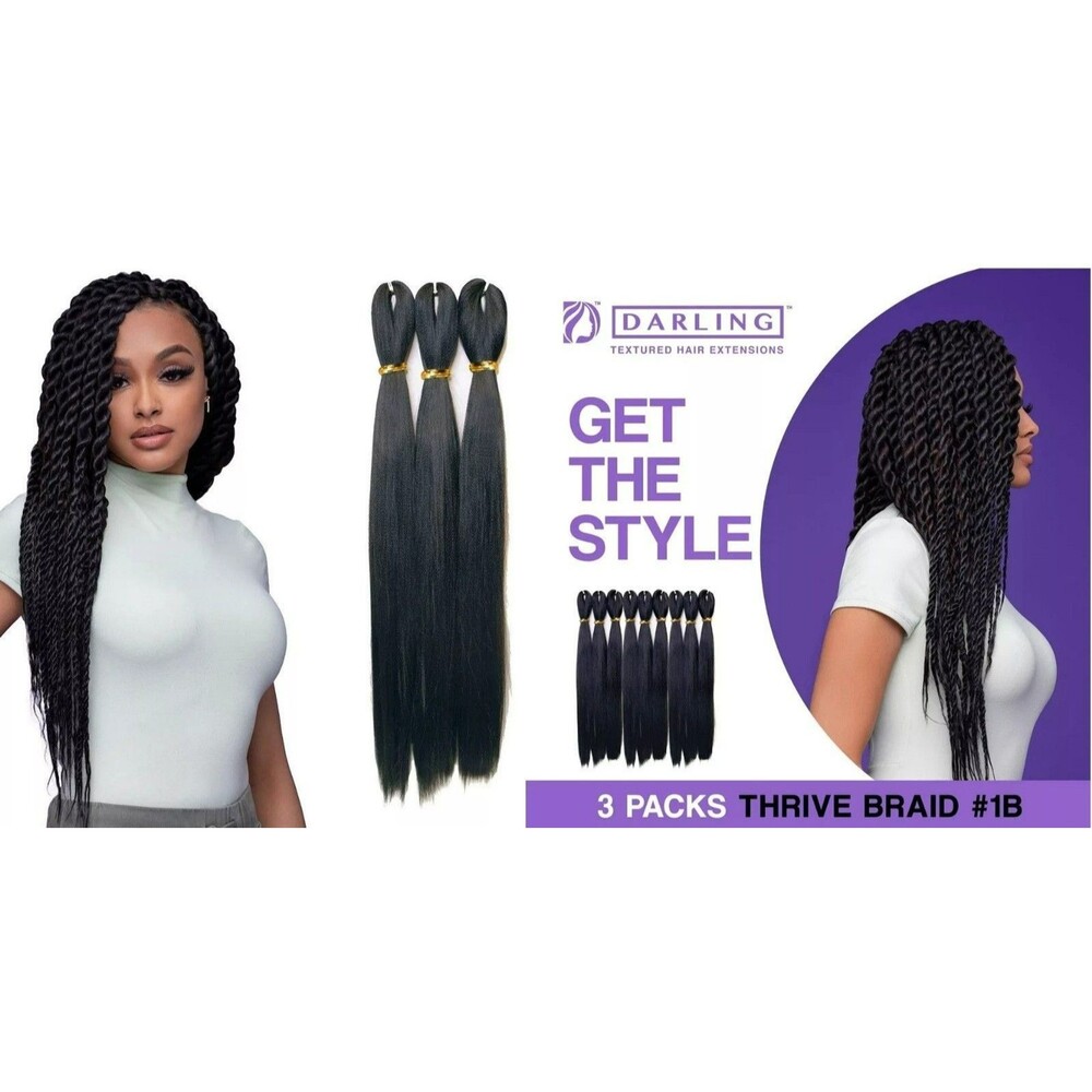 Darling 52” inch 3pk Pre-Stretched 100% Kanekalon Thrive Braid #1B Black